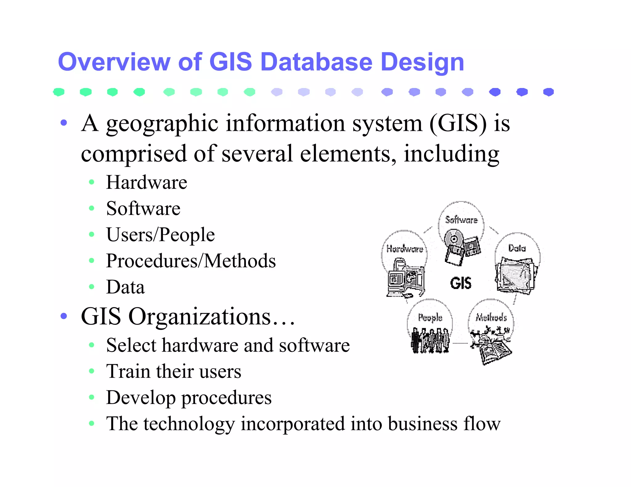 Overview of GIS Database Design

• A geographic information system (GIS) is
  comprised of several elements, including
  •   Hardware
  •   Software
  •   Users/People
  •   Procedures/Methods
  •   Data
• GIS Organizations…
  •   Select hardware and software
  •   Train their users
  •   Develop procedures
  •   The technology incorporated into business flow
 