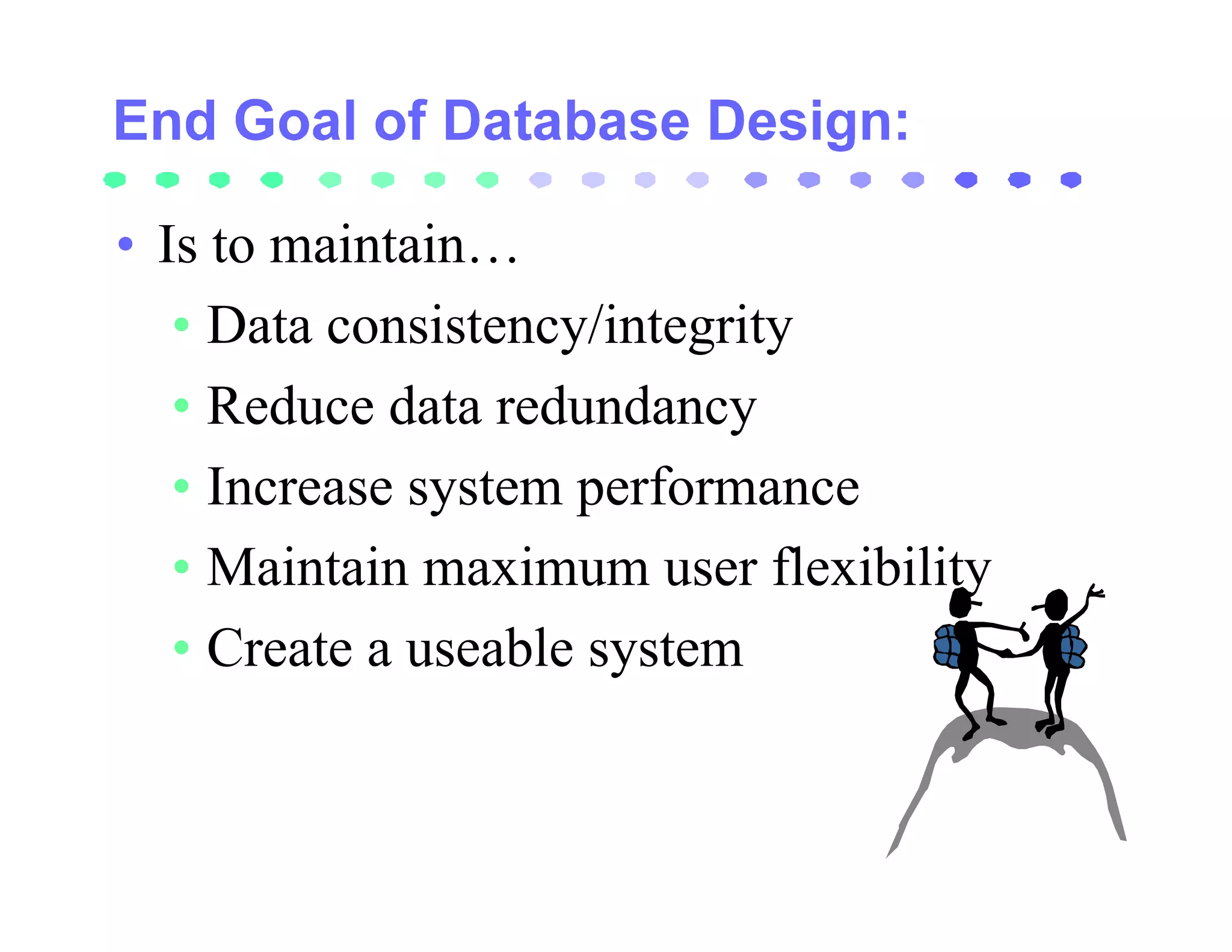 • Is to maintain…
   • Data consistency/integrity
   • Reduce data redundancy
   • Increase system performance
   • Maintain maximum user flexibility
   • Create a useable system
 