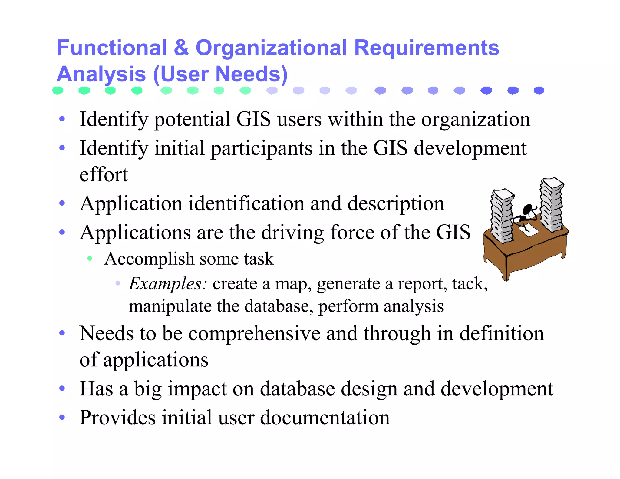 Functional & Organizational Requirements
Analysis (User Needs)

• Identify potential GIS users within the organization
• Identify initial participants in the GIS development
  effort
• Application identification and description
• Applications are the driving force of the GIS
   • Accomplish some task
      • Examples: create a map, generate a report, tack,
        manipulate the database, perform analysis
• Needs to be comprehensive and through in definition
  of applications
• Has a big impact on database design and development
• Provides initial user documentation
 