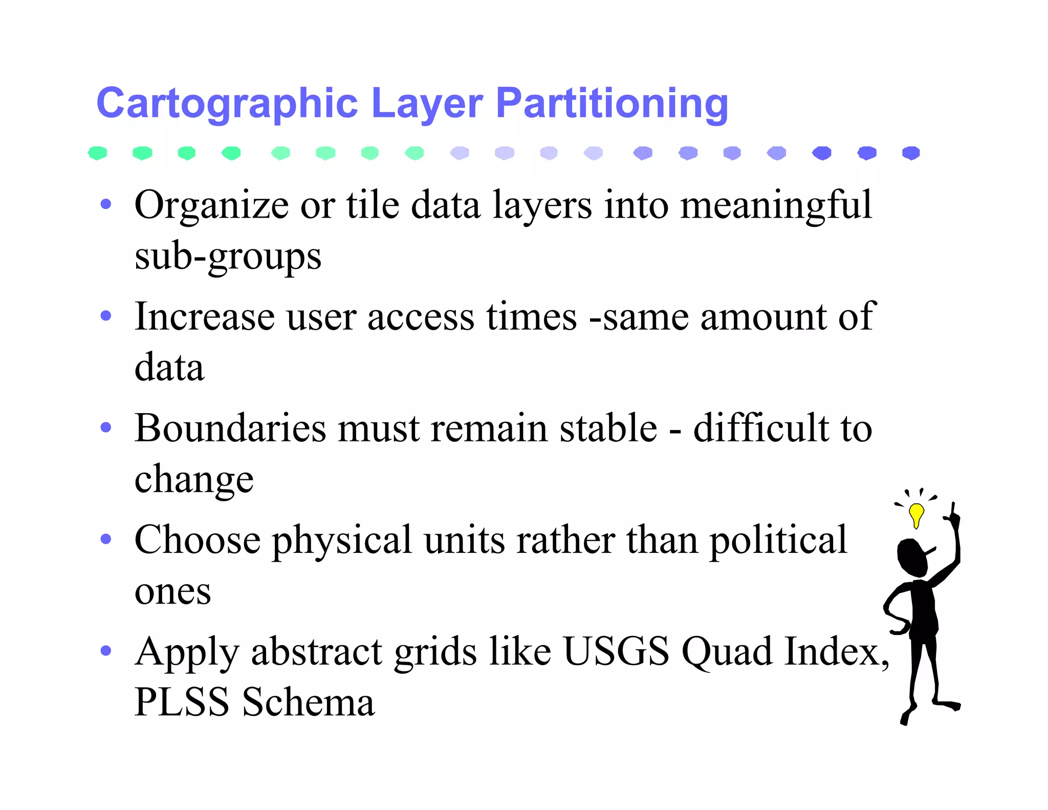 Cartographic Layer Partitioning

• Organize or tile data layers into meaningful
  sub-groups
• Increase user access times -same amount of
  data
• Boundaries must remain stable - difficult to
  change
• Choose physical units rather than political
  ones
• Apply abstract grids like USGS Quad Index,
  PLSS Schema
 