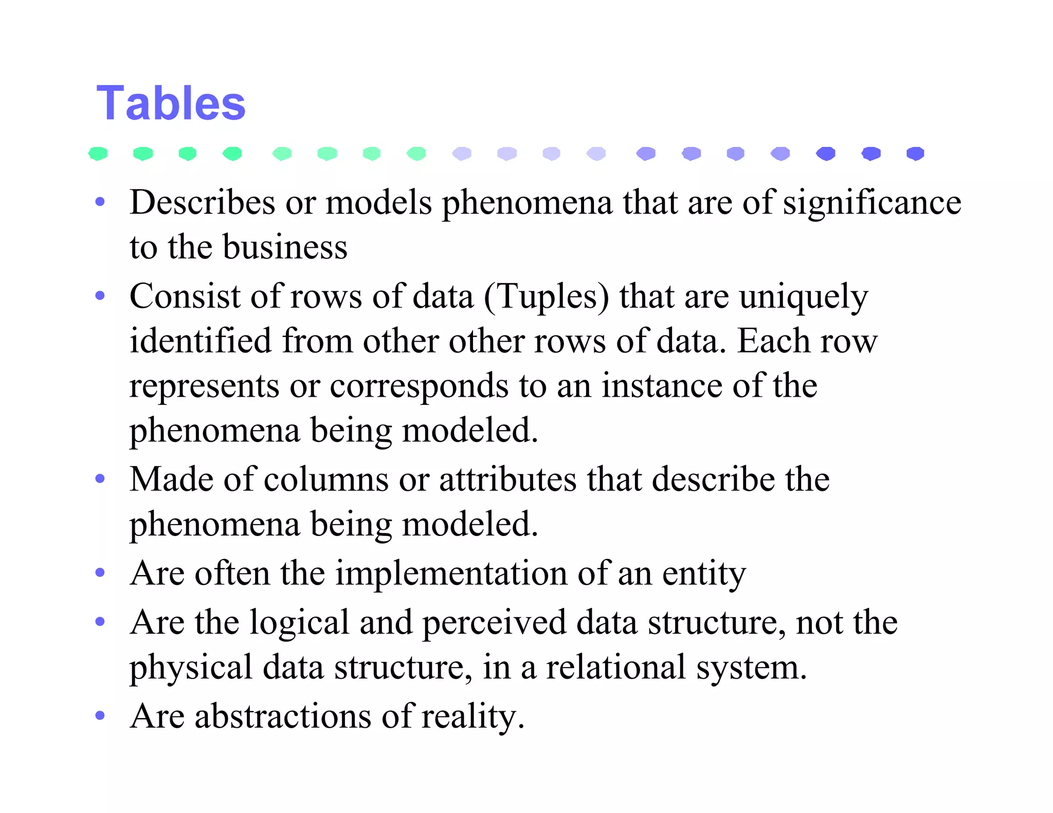 • Describes or models phenomena that are of significance
  to the business
• Consist of rows of data (Tuples) that are uniquely
  identified from other other rows of data. Each row
  represents or corresponds to an instance of the
  phenomena being modeled.
• Made of columns or attributes that describe the
  phenomena being modeled.
• Are often the implementation of an entity
• Are the logical and perceived data structure, not the
  physical data structure, in a relational system.
• Are abstractions of reality.
 