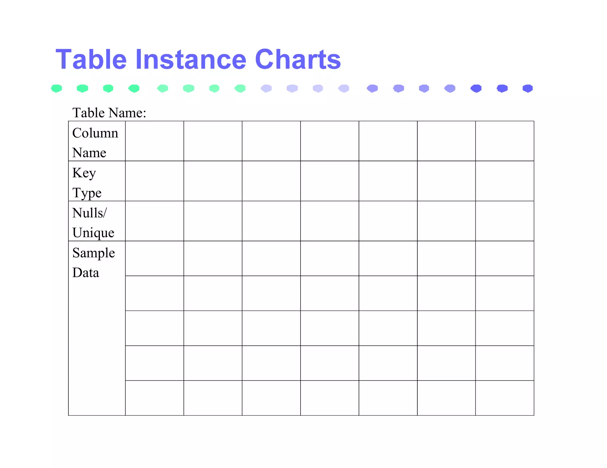 Table Name:
Column
Name
Key
Type
Nulls/
Unique
Sample
Data
 