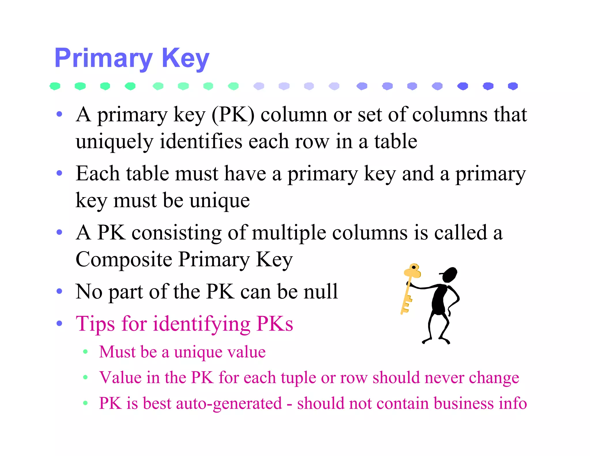 • A primary key (PK) column or set of columns that
  uniquely identifies each row in a table
• Each table must have a primary key and a primary
  key must be unique
• A PK consisting of multiple columns is called a
  Composite Primary Key
• No part of the PK can be null
• Tips for identifying PKs
  • Must be a unique value
  • Value in the PK for each tuple or row should never change
  • PK is best auto-generated - should not contain business info
 