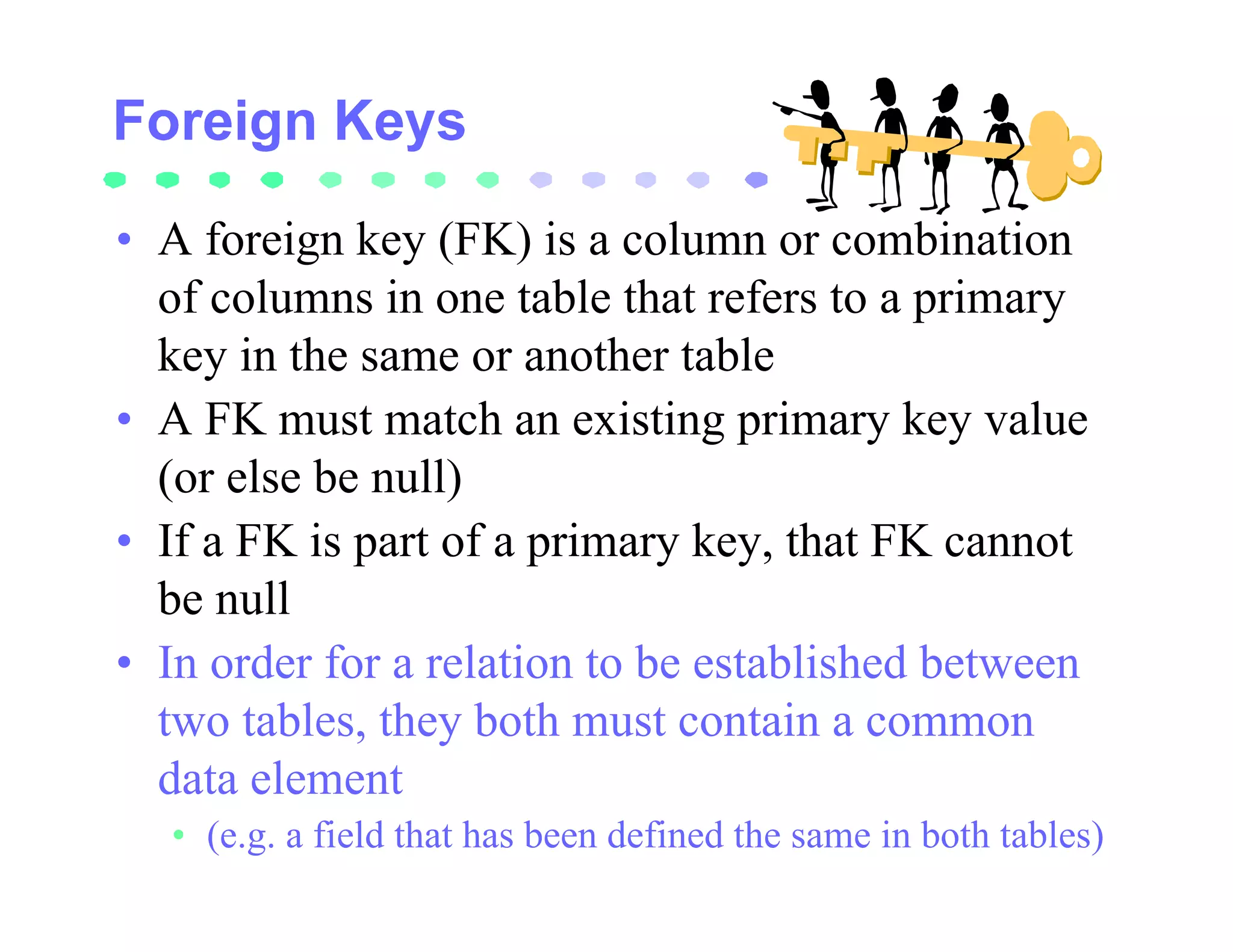 • A foreign key (FK) is a column or combination
  of columns in one table that refers to a primary
  key in the same or another table
• A FK must match an existing primary key value
  (or else be null)
• If a FK is part of a primary key, that FK cannot
  be null
• In order for a relation to be established between
  two tables, they both must contain a common
  data element
  • (e.g. a field that has been defined the same in both tables)
 