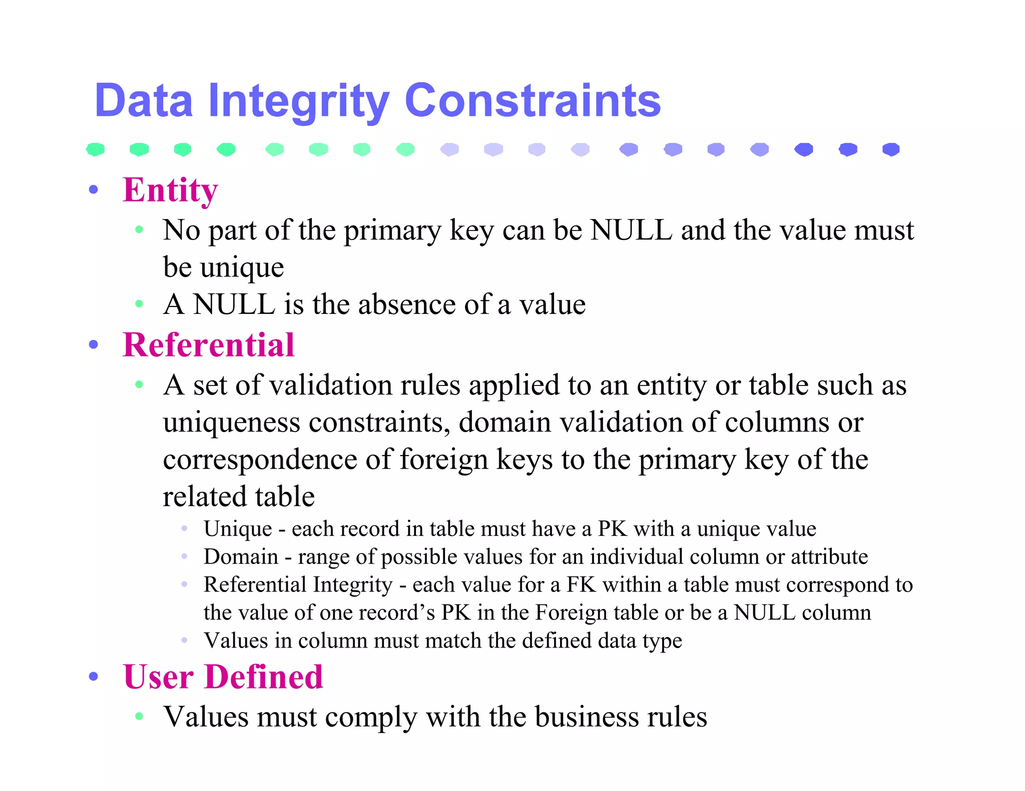 • Entity
  • No part of the primary key can be NULL and the value must
    be unique
  • A NULL is the absence of a value
• Referential
  • A set of validation rules applied to an entity or table such as
    uniqueness constraints, domain validation of columns or
    correspondence of foreign keys to the primary key of the
    related table
     • Unique - each record in table must have a PK with a unique value
     • Domain - range of possible values for an individual column or attribute
     • Referential Integrity - each value for a FK within a table must correspond to
       the value of one record’s PK in the Foreign table or be a NULL column
     • Values in column must match the defined data type
• User Defined
  • Values must comply with the business rules
 