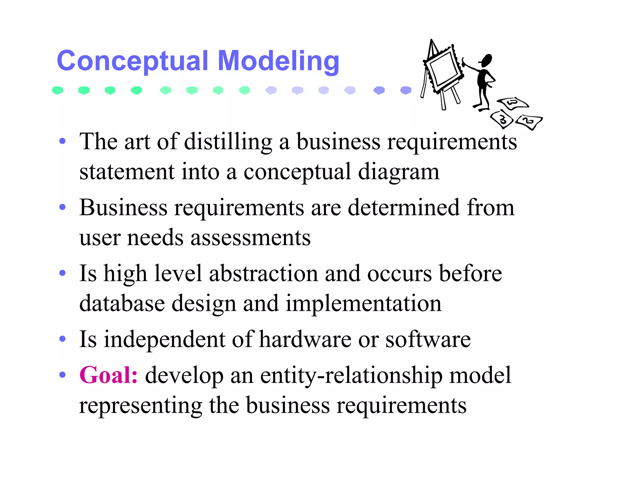 • The art of distilling a business requirements
  statement into a conceptual diagram
• Business requirements are determined from
  user needs assessments
• Is high level abstraction and occurs before
  database design and implementation
• Is independent of hardware or software
• Goal: develop an entity-relationship model
  representing the business requirements
 