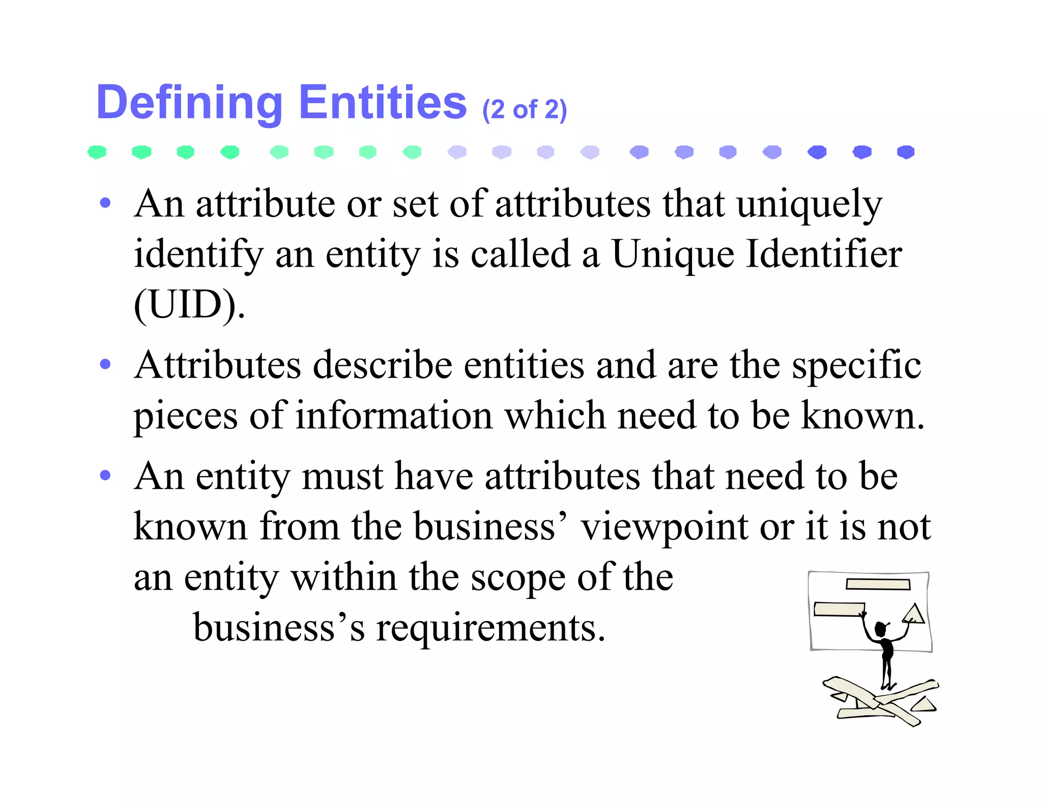 (2 of 2)


• An attribute or set of attributes that uniquely
  identify an entity is called a Unique Identifier
  (UID).
• Attributes describe entities and are the specific
  pieces of information which need to be known.
• An entity must have attributes that need to be
  known from the business’ viewpoint or it is not
  an entity within the scope of the
     business’s requirements.
 