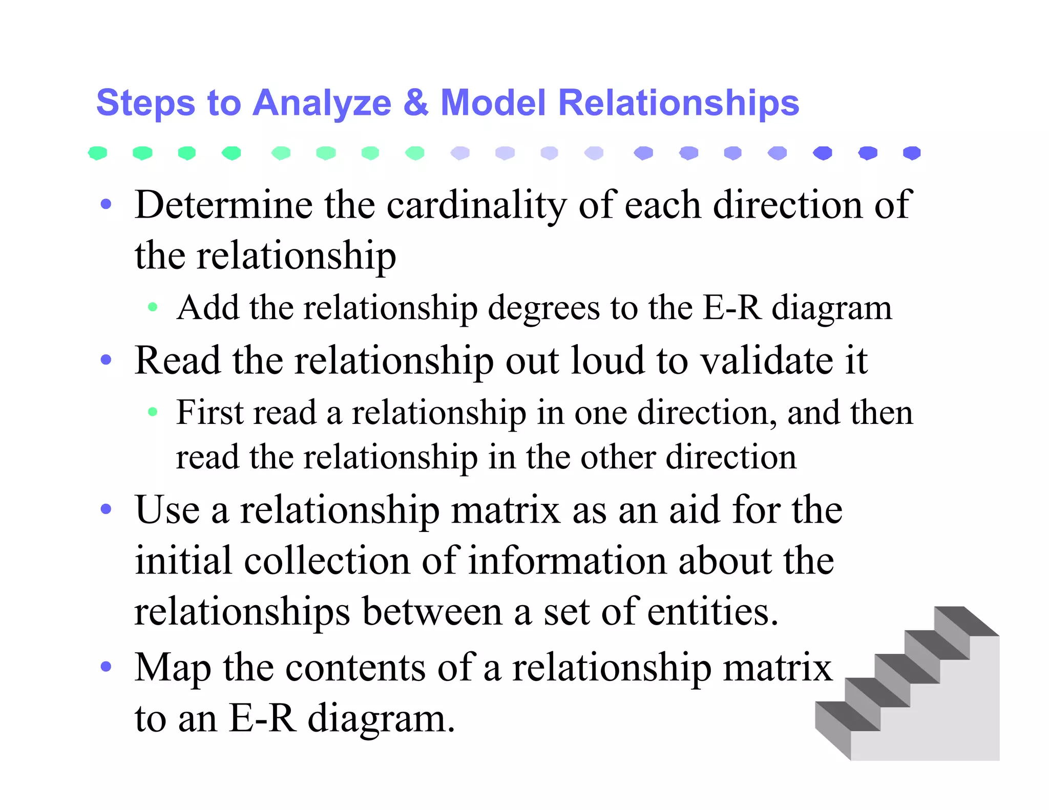 Steps to Analyze & Model Relationships

• Determine the cardinality of each direction of
  the relationship
  • Add the relationship degrees to the E-R diagram
• Read the relationship out loud to validate it
  • First read a relationship in one direction, and then
    read the relationship in the other direction
• Use a relationship matrix as an aid for the
  initial collection of information about the
  relationships between a set of entities.
• Map the contents of a relationship matrix
  to an E-R diagram.
 