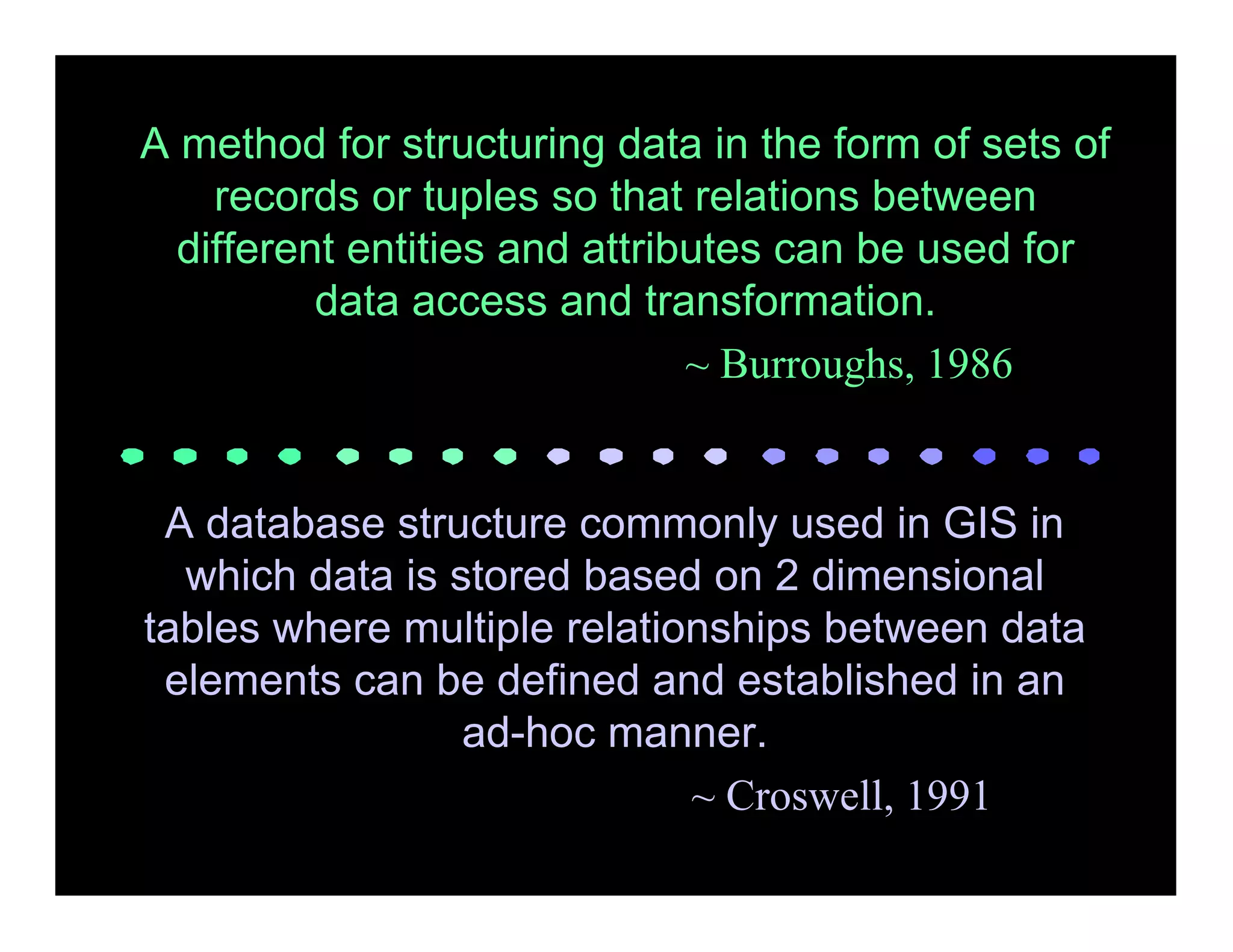 A method for structuring data in the form of sets of
    records or tuples so that relations between
  different entities and attributes can be used for
          data access and transformation.
                               ~ Burroughs, 1986


 A database structure commonly used in GIS in
  which data is stored based on 2 dimensional
tables where multiple relationships between data
 elements can be defined and established in an
                 ad-hoc manner.
                             ~ Croswell, 1991
 