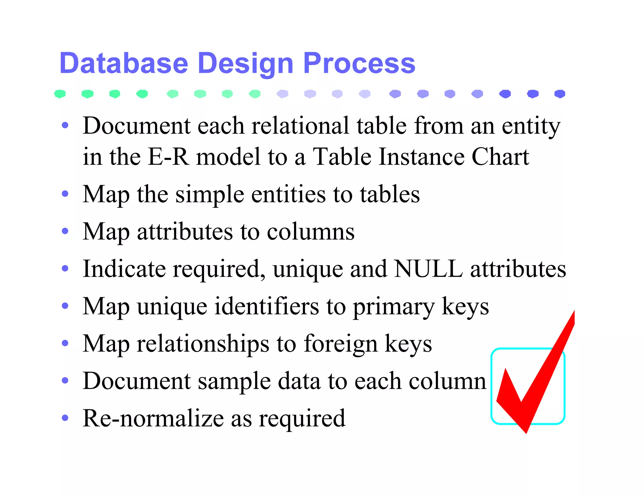 • Document each relational table from an entity
  in the E-R model to a Table Instance Chart
• Map the simple entities to tables
• Map attributes to columns
• Indicate required, unique and NULL attributes
• Map unique identifiers to primary keys
• Map relationships to foreign keys
• Document sample data to each column
• Re-normalize as required
 