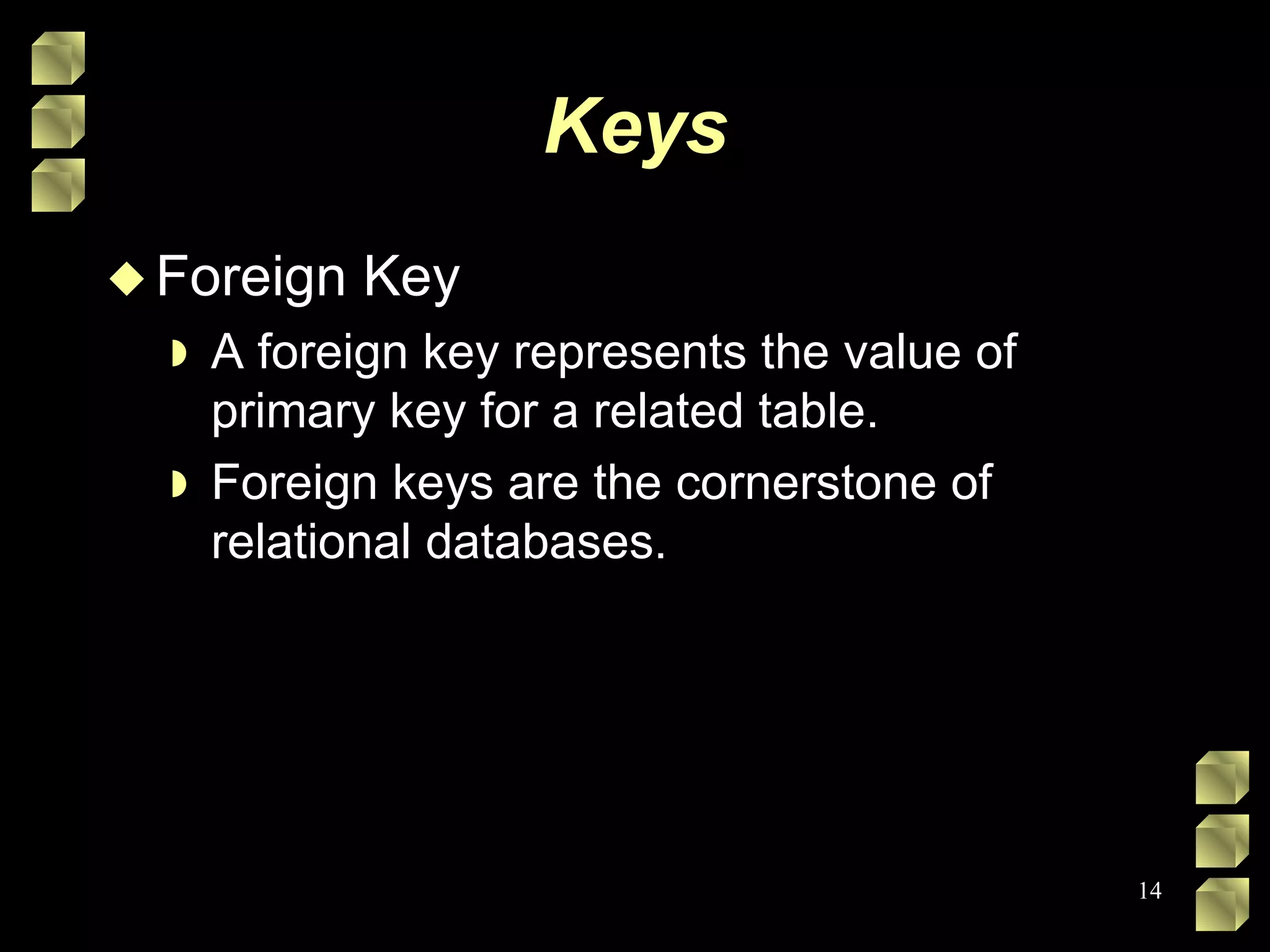 Keys Foreign Key A foreign key represents the value of primary key for a related table.  Foreign keys are the cornerstone of relational databases. 