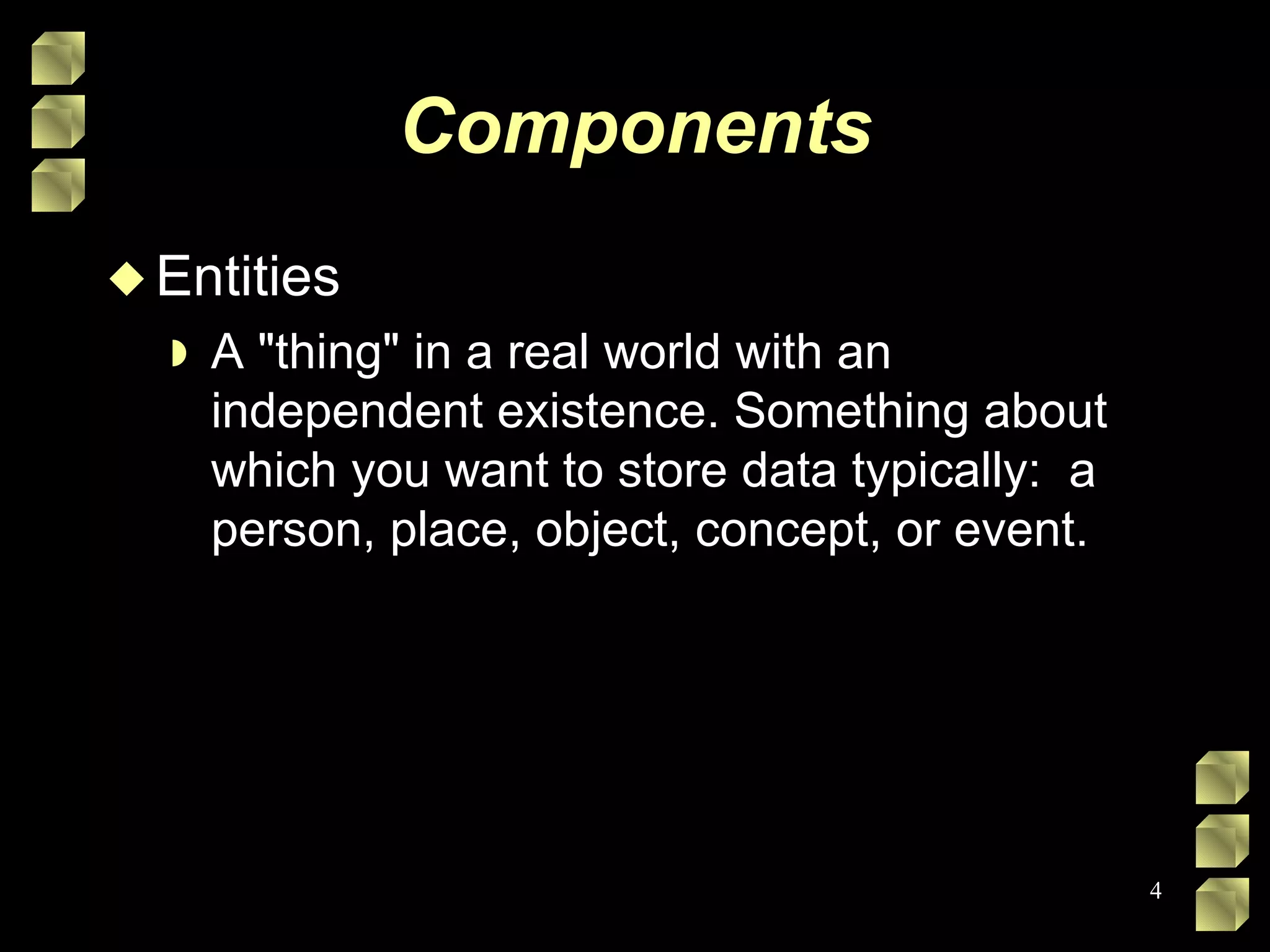 Components Entities A &quot;thing&quot; in a real world with an independent existence. Something about which you want to store data typically:  a person, place, object, concept, or event. 