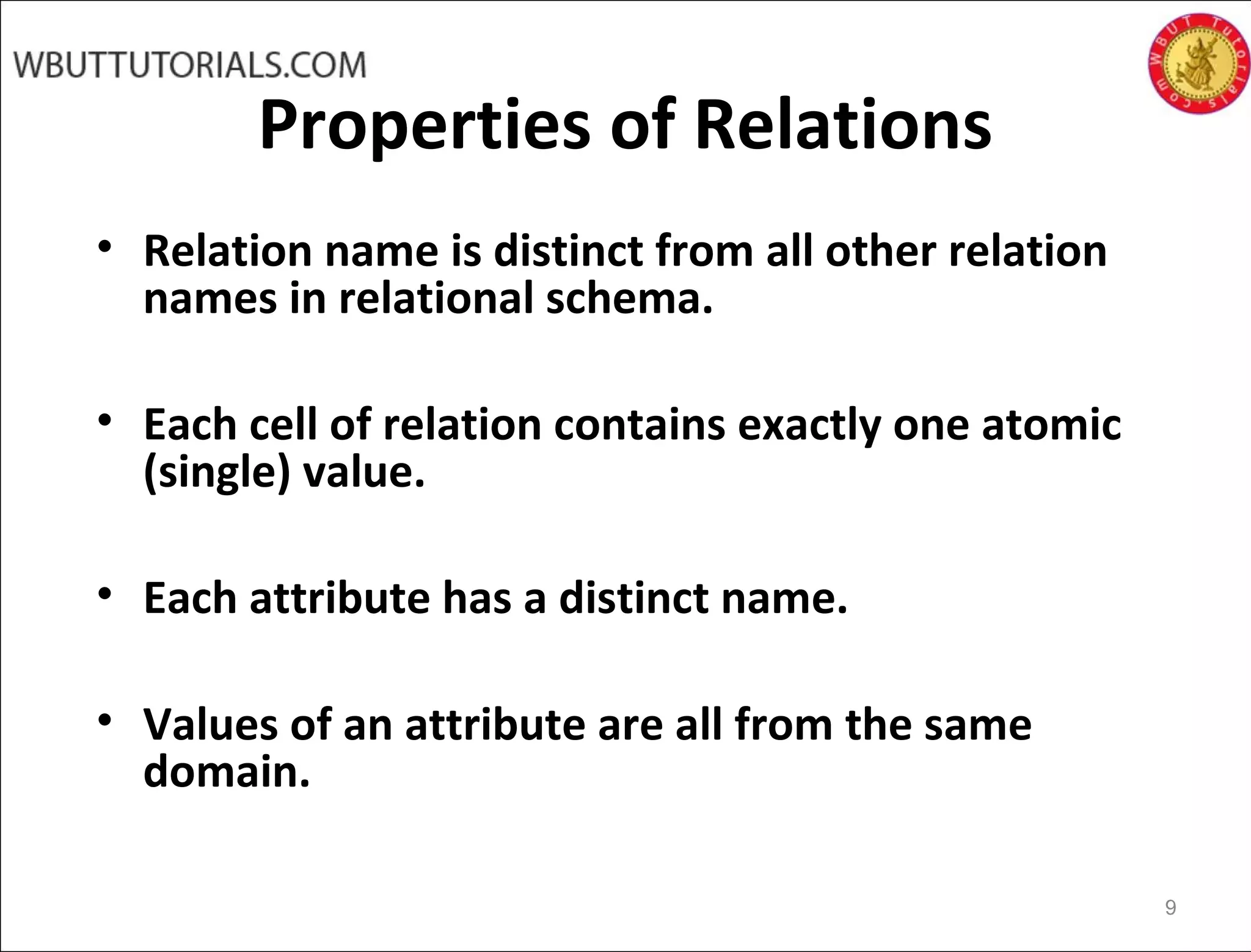 Properties of Relations
• Relation name is distinct from all other relation
names in relational schema.
• Each cell of relation contains exactly one atomic
(single) value.
• Each attribute has a distinct name.
• Values of an attribute are all from the same
domain.
9
 