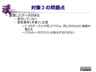 対策 2 の問題点
● 重複したデータがある
– 直交していない
– 更新異常（矛盾）に注意
●
2 つのテーブルで同じアイテム、同じ日付なのに価格が
異なる
●
どちらか一方だけにしか該当する行がない
 