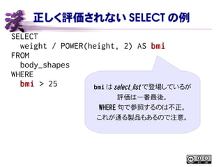正しく評価されない SELECT の例
SELECT
weight / POWER(height, 2) AS bmi
FROM
body_shapes
WHERE
bmi > 25 bmi は select_list で登場しているが
評価は一番最後。
WHERE 句で参照するのは不正。
これが通る製品もあるので注意。
 