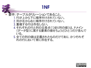 1NF
● 要件：テーブルがリレーションであること。
1. 行が上から下に順序付けされていない。
2. 列が左から右に順序付けされていない。
3. 重複する行は存在しない。
4. それぞれの行と列の交差点（つまり列の値）は、ドメイン
（データ型）に属する要素の値をちょうどひとつだけ含んで
いる。
5. 全ての列の値は定義されたものだけであり、かつそれぞ
れの行において常に存在する。
 