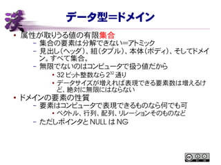 データ型＝ドメイン
● 属性が取りうる値の有限集合
– 集合の要素は分解できない＝アトミック
– 見出し（ヘッダ）、組（タプル）、本体（ボディ）、そしてドメイ
ン。すべて集合。
– 無限でないのはコンピュータで扱う値だから
●
32 ビット整数なら 232
通り
● データサイズが増えれば表現できる要素数は増えるけ
ど、絶対に無限にはならない
● ドメインの要素の性質
– 要素はコンピュータで表現できるものなら何でも可
● ベクトル、行列、配列、リレーションそのものなど
– ただしポインタと NULL は NG
 