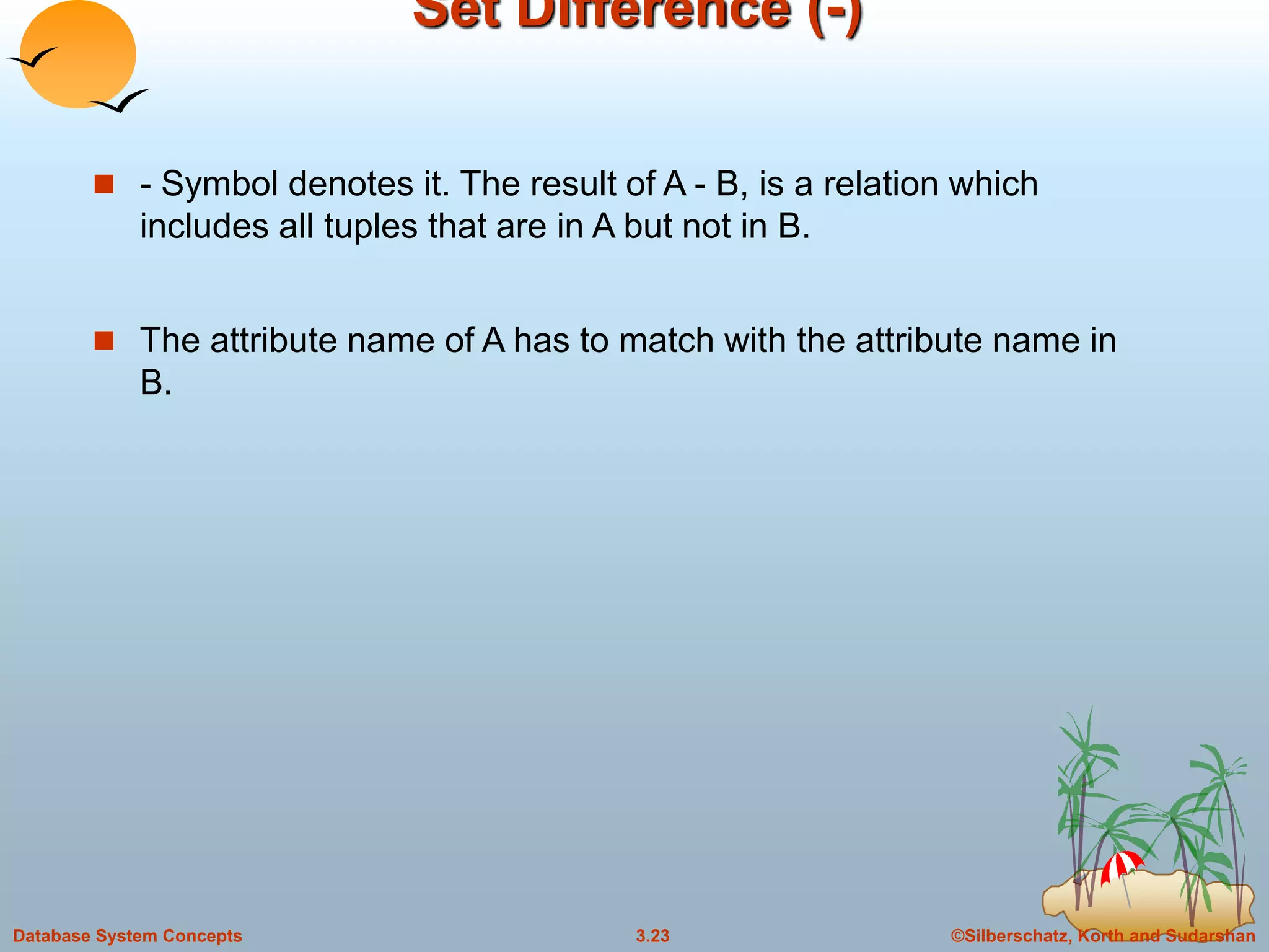 ©Silberschatz, Korth and Sudarshan3.23Database System Concepts
Set Difference (-)
 - Symbol denotes it. The result of A - B, is a relation which
includes all tuples that are in A but not in B.
 The attribute name of A has to match with the attribute name in
B.
 