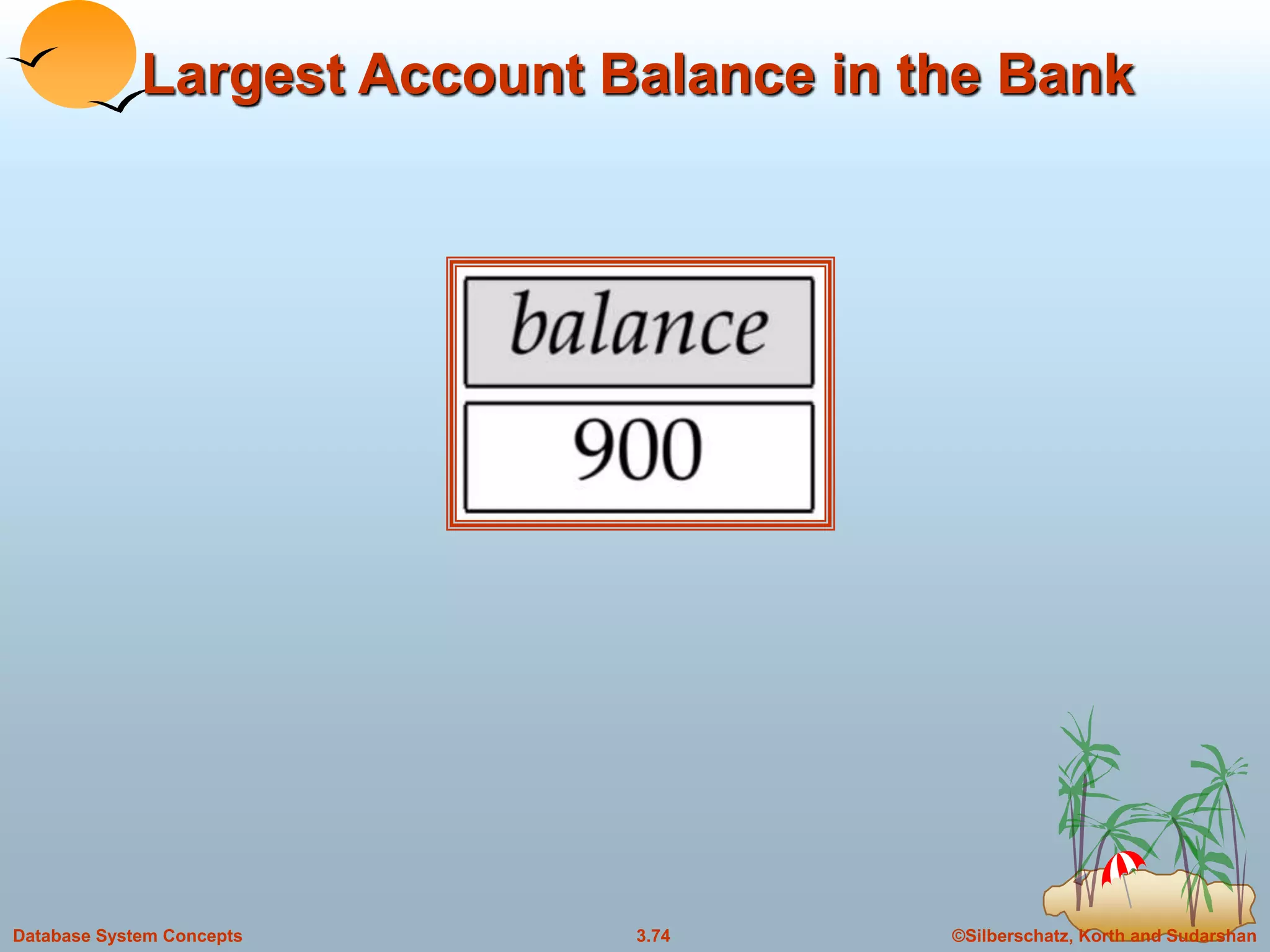 ©Silberschatz, Korth and Sudarshan3.74Database System Concepts
Largest Account Balance in the Bank
 