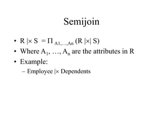 Semijoin
• R | S = P A1,…,An (R || S)
• Where A1, …, An are the attributes in R
• Example:
– Employee | Dependents
 