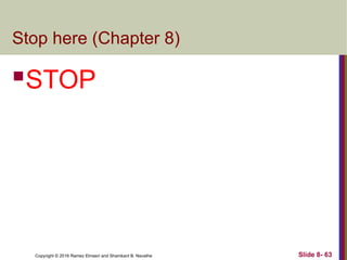 Copyright © 2016 Ramez Elmasri and Shamkant B. Navathe
Stop here (Chapter 8)
STOP
Slide 8- 63
 