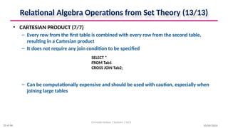 10/09/2024
Relational Algebra Operations from Set Theory (13/13)
• CARTESIAN PRODUCT (7/7)
– Every row from the first table is combined with every row from the second table,
resulting in a Cartesian product
– It does not require any join condition to be specified
– Can be computationally expensive and should be used with caution, especially when
joining large tables
Christalin Nelson | Systems | SoCS
SELECT *
FROM Tab1
CROSS JOIN Tab2;
32 of 66
 