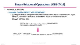 Binary Relational Operations: JOIN (7/14)
• NATURAL JOIN (3/4)
– Example: Combine PROJECT with DEPARTMENT
• (1) The join attribute is Department number. As both tables should have same name of join
attribute, “Dnumber” attribute of DEPARTMENT should be renamed to “Dnum”
• (2) Apply NATURAL JOIN
10/09/2024
Christalin Nelson | Systems | SoCS
39 of 66
 