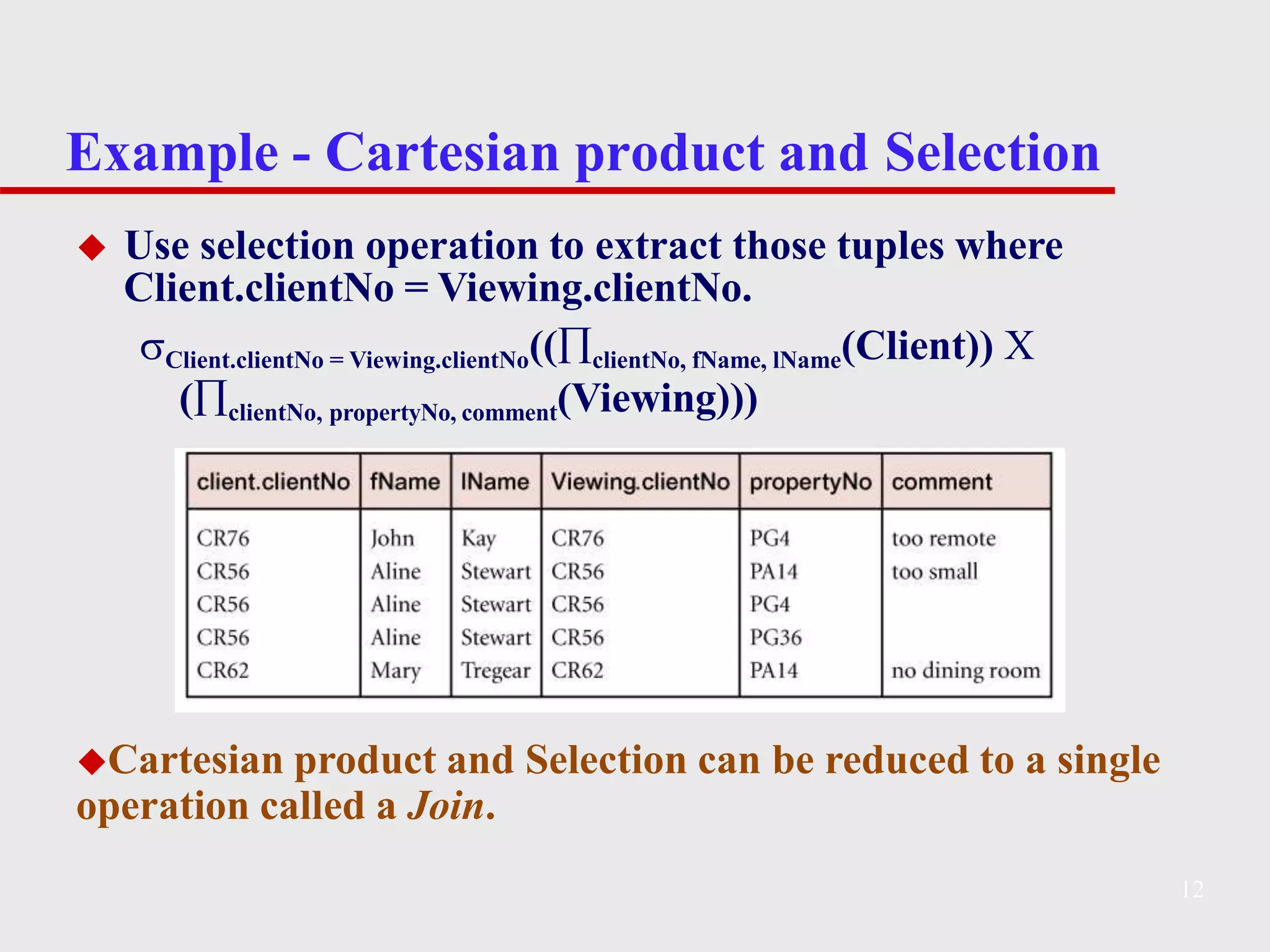 Example - Cartesian product and Selection
◆ Use selection operation to extract those tuples where
Client.clientNo = Viewing.clientNo.
Client.clientNo = Viewing.clientNo((clientNo, fName, lName(Client)) 
(clientNo, propertyNo, comment(Viewing)))
◆Cartesian product and Selection can be reduced to a single
operation called a Join.
12
 
