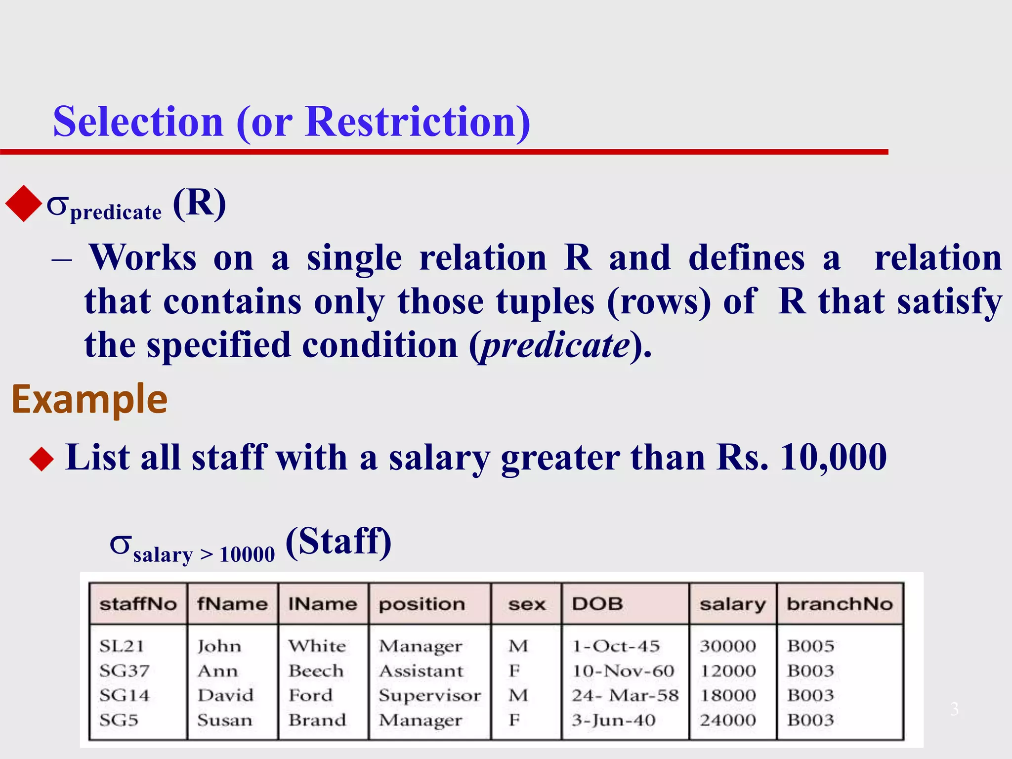 Selection (or Restriction)
3
◆predicate (R)
– Works on a single relation R and defines a relation
that contains only those tuples (rows) of R that satisfy
the specified condition (predicate).
◆ List all staff with a salary greater than Rs. 10,000
salary > 10000 (Staff)
Example
 