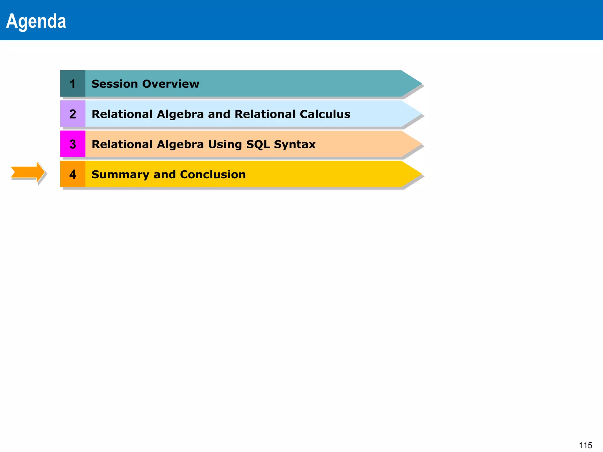 115
Agenda
1 Session Overview
4 Summary and Conclusion
2 Relational Algebra and Relational Calculus
3 Relational Algebra Using SQL Syntax
 