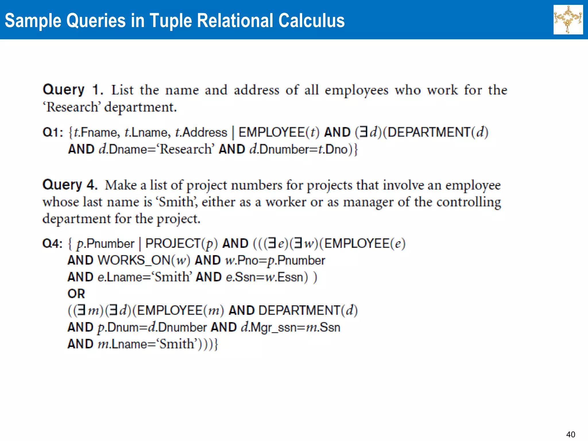 40
Sample Queries in Tuple Relational Calculus
 