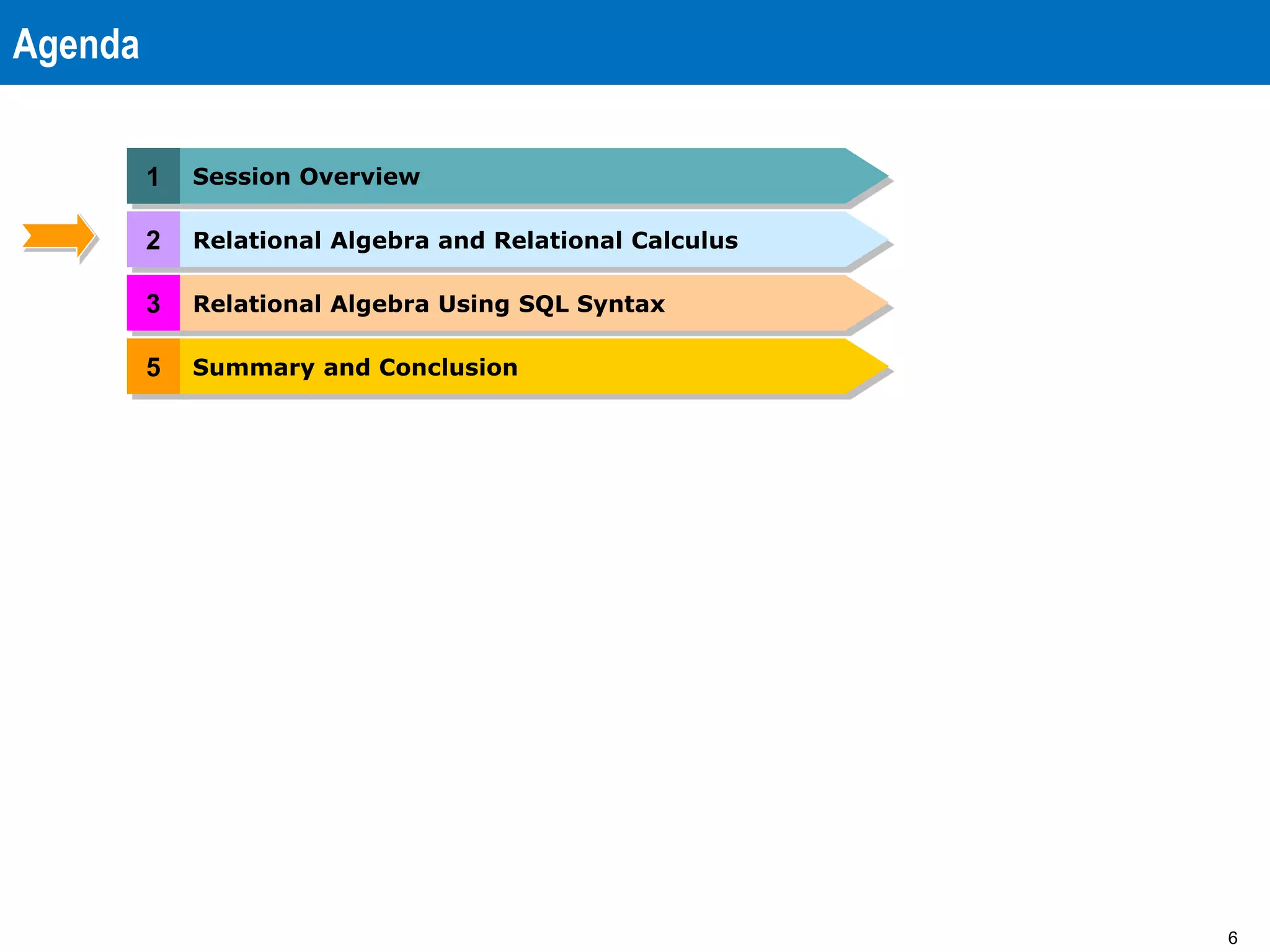 6
Agenda
1 Session Overview
5 Summary and Conclusion
2 Relational Algebra and Relational Calculus
3 Relational Algebra Using SQL Syntax
 