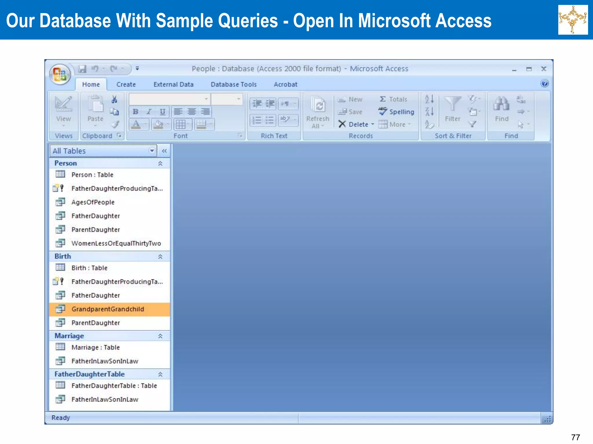 77
Our Database With Sample Queries - Open In Microsoft Access
 