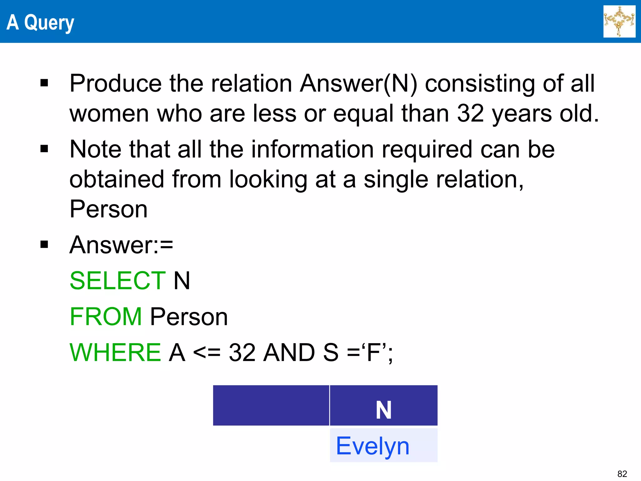 82
A Query
 Produce the relation Answer(N) consisting of all
women who are less or equal than 32 years old.
 Note that all the information required can be
obtained from looking at a single relation,
Person
 Answer:=
SELECT N
FROM Person
WHERE A <= 32 AND S =‘F’;
N
Evelyn
 