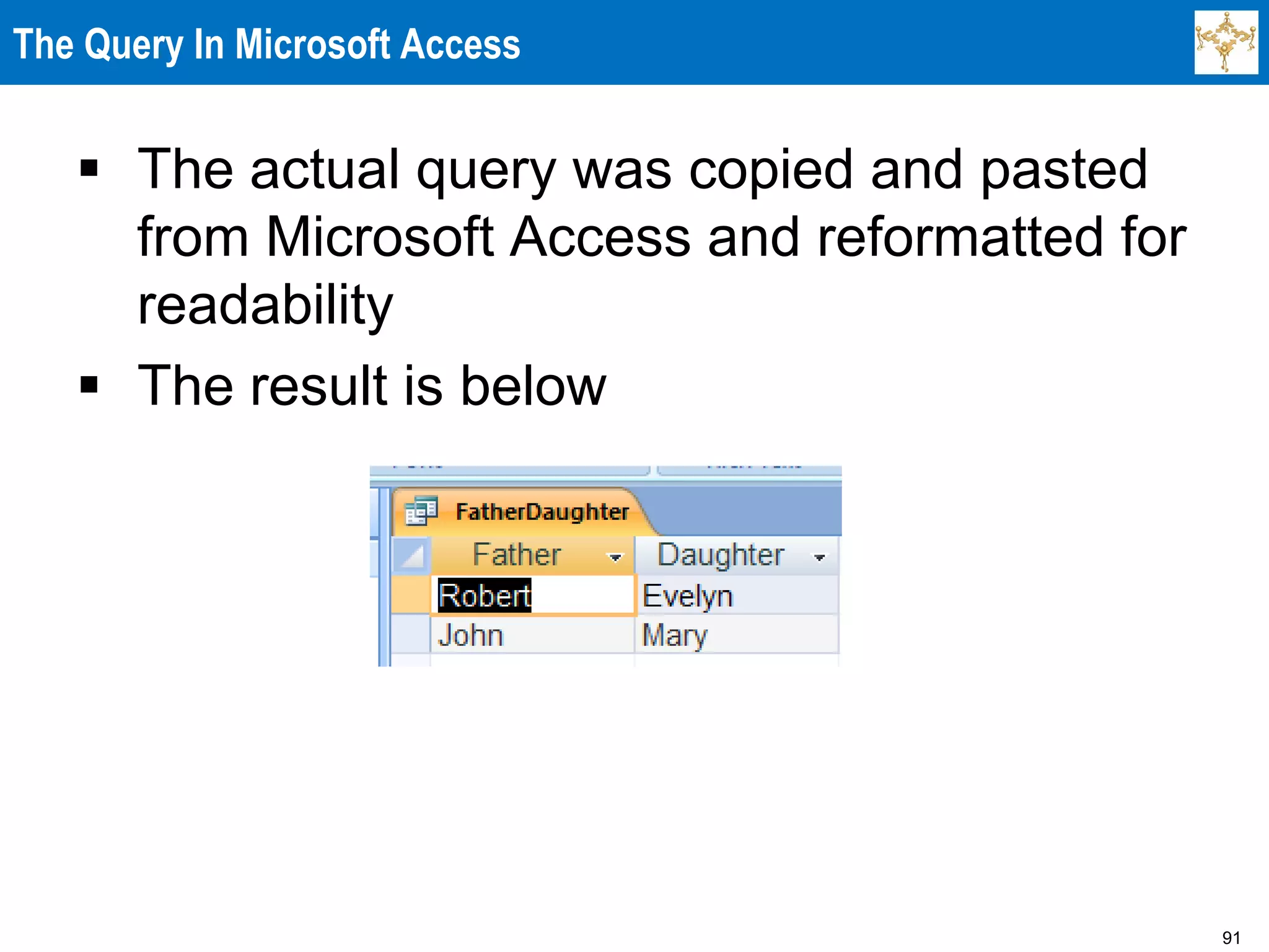 91
The Query In Microsoft Access
 The actual query was copied and pasted
from Microsoft Access and reformatted for
readability
 The result is below
 
