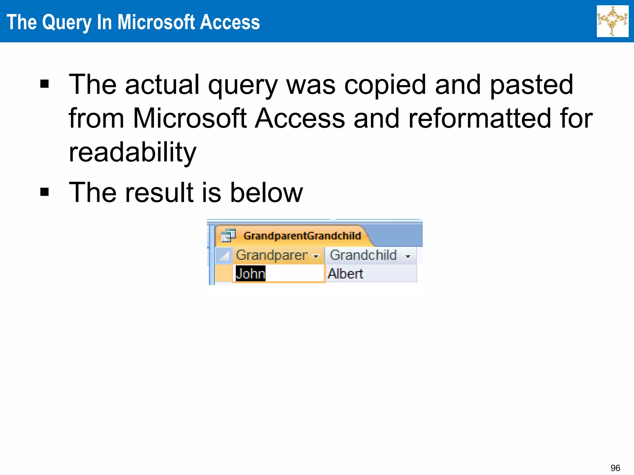 96
The Query In Microsoft Access
 The actual query was copied and pasted
from Microsoft Access and reformatted for
readability
 The result is below
 