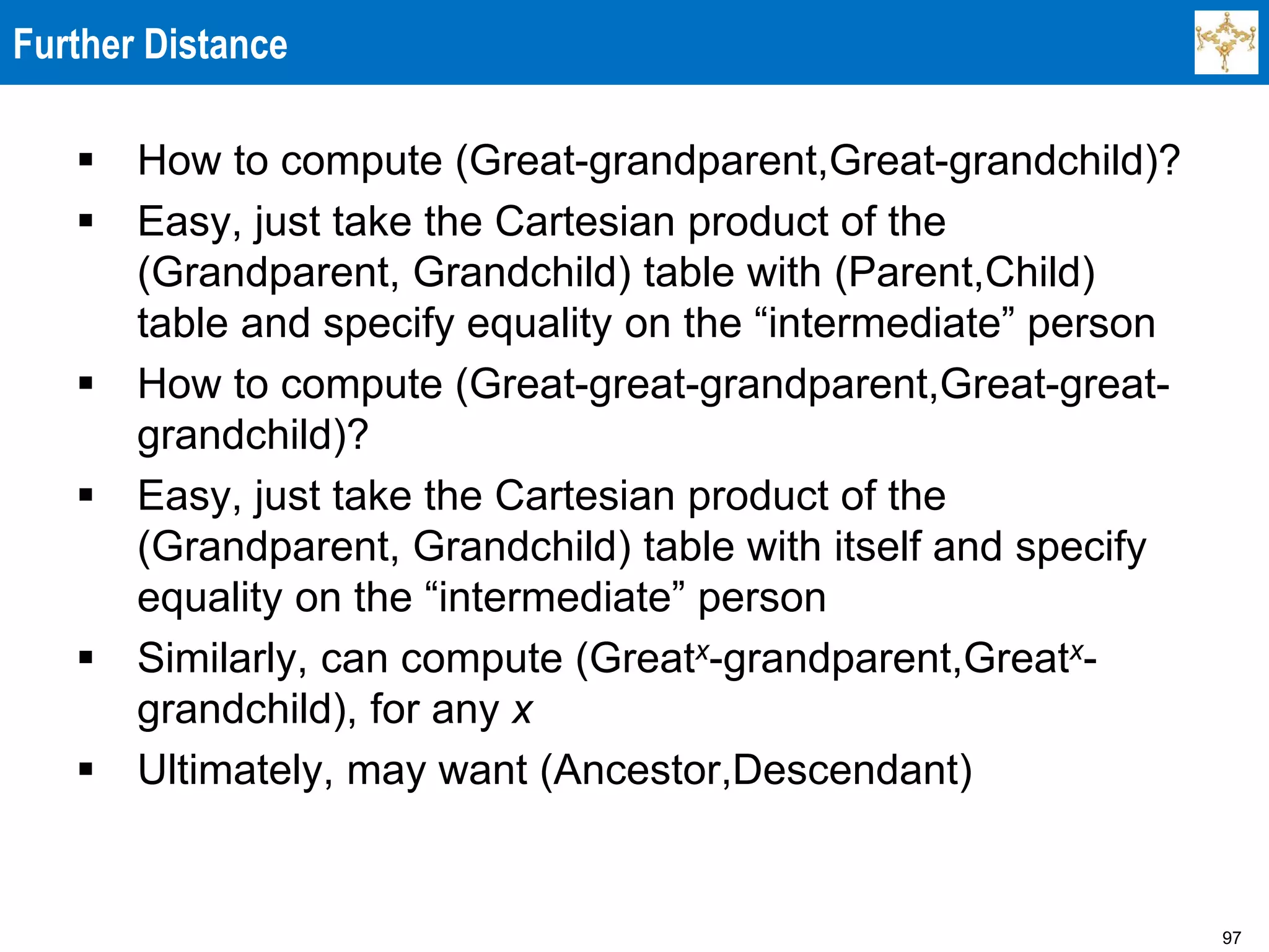97
Further Distance
 How to compute (Great-grandparent,Great-grandchild)?
 Easy, just take the Cartesian product of the
(Grandparent, Grandchild) table with (Parent,Child)
table and specify equality on the “intermediate” person
 How to compute (Great-great-grandparent,Great-great-
grandchild)?
 Easy, just take the Cartesian product of the
(Grandparent, Grandchild) table with itself and specify
equality on the “intermediate” person
 Similarly, can compute (Greatx-grandparent,Greatx-
grandchild), for any x
 Ultimately, may want (Ancestor,Descendant)
 
