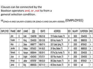 Clauses can be connected by the
Boolean operators and, or ,not to from a
general selection condition.
s(DNO=4 AND SALARY>25000) OR (DNO=5 AND SALARY>30000) (EMPLOYEE)
prepared by Visakh V,Assistant Professor,
LBSITW
 