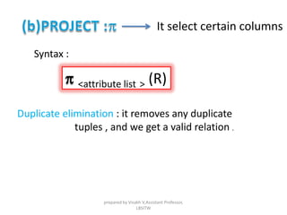 Syntax :
p <attribute list > (R)
It select certain columns
Duplicate elimination : it removes any duplicate
tuples , and we get a valid relation .
prepared by Visakh V,Assistant Professor,
LBSITW
 