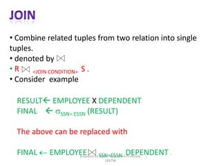• Combine related tuples from two relation into single
tuples.
• denoted by
• R <JOIN CONDITION> S .
• Consider example
RESULT EMPLOYEE X DEPENDENT
FINAL  sSSN= ESSN (RESULT)
The above can be replaced with
FINAL  EMPLOYEE SSN=ESSN DEPENDENT .prepared by Visakh V,Assistant Professor,
LBSITW
 