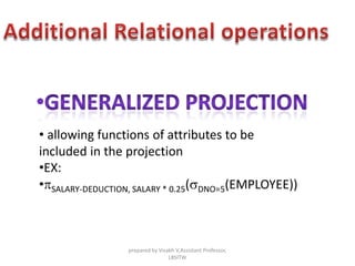 • allowing functions of attributes to be
included in the projection
•EX:
•pSALARY-DEDUCTION, SALARY * 0.25(sDNO=5(EMPLOYEE))
prepared by Visakh V,Assistant Professor,
LBSITW
 