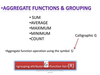 • SUM
•AVERAGE
•MAXIMUM
•MINIMUM
•COUNT
•Aggregate function operation using the symbol
<grouping attribute> <function list>(R)
Calligraphic G
prepared by Visakh V,Assistant Professor,
LBSITW
 