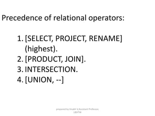 Precedence of relational operators:
1.[SELECT, PROJECT, RENAME]
(highest).
2.[PRODUCT, JOIN].
3.INTERSECTION.
4.[UNION, --]
prepared by Visakh V,Assistant Professor,
LBSITW
 