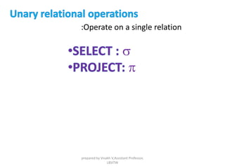s
p
:Operate on a single relation
prepared by Visakh V,Assistant Professor,
LBSITW
 