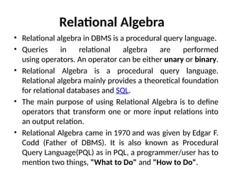 Oprators In Dbms Image Relational Algebra in DBMS power ppoint pesenetation | PPTX