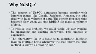 Why NoSQL?
• The concept of NoSQL databases became popular with
Internet giants like Google, Facebook, Amazon, etc. who
de...