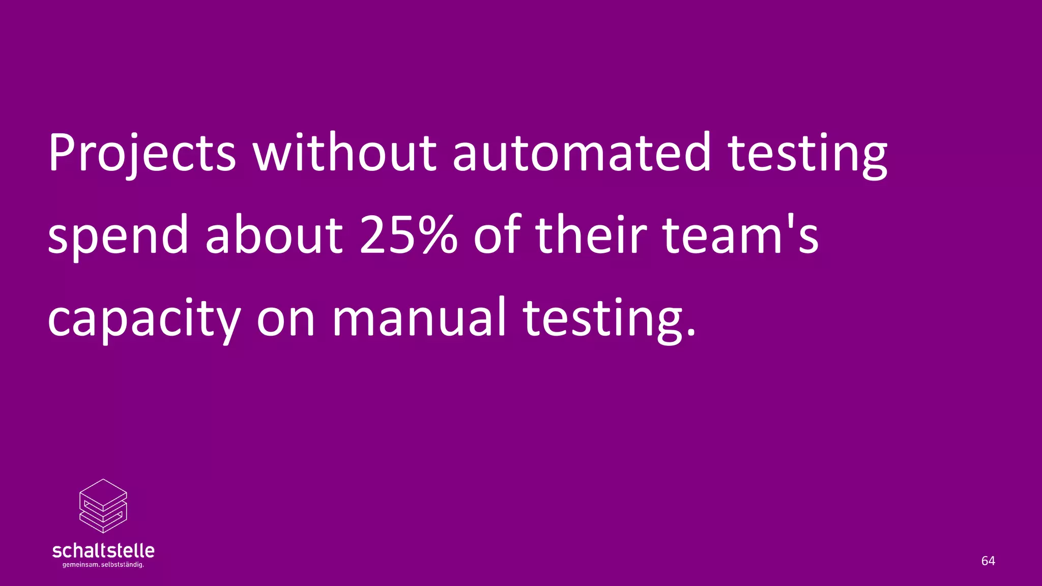 Projects without automated testing
spend about 25% of their team's
capacity on manual testing.
64
 