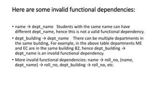 Here are some invalid functional dependencies:
• name → dept_name Students with the same name can have
different dept_name, hence this is not a valid functional dependency.
• dept_building → dept_name There can be multiple departments in
the same building, For example, in the above table departments ME
and EC are in the same building B2, hence dept_building →
dept_name is an invalid functional dependency.
• More invalid functional dependencies: name → roll_no, {name,
dept_name} → roll_no, dept_building → roll_no, etc.
 
