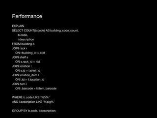 Performance
EXPLAIN

SELECT COUNT(b.code) AS building_code_count,

b.code,

i.description

FROM building b

JOIN rack r

ON r.building_id = b.id

JOIN shelf s

ON s.rack_id = r.id

JOIN location l

ON s.id = l.shelf_id

JOIN location_item li

ON l.id = li.location_id

JOIN item i

ON i.barcode = li.item_barcode

WHERE b.code LIKE '%5%'

AND i.description LIKE '%pig%'

GROUP BY b.code, i.description;
 