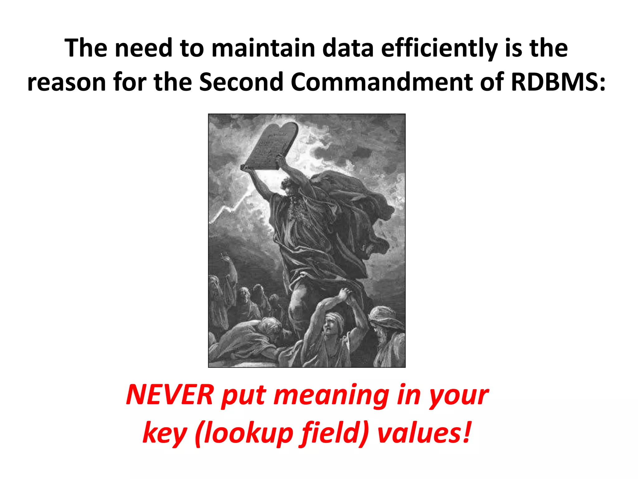 The need to maintain data efficiently is the
reason for the Second Commandment of RDBMS:
NEVER put meaning in your
key (lookup field) values!
 